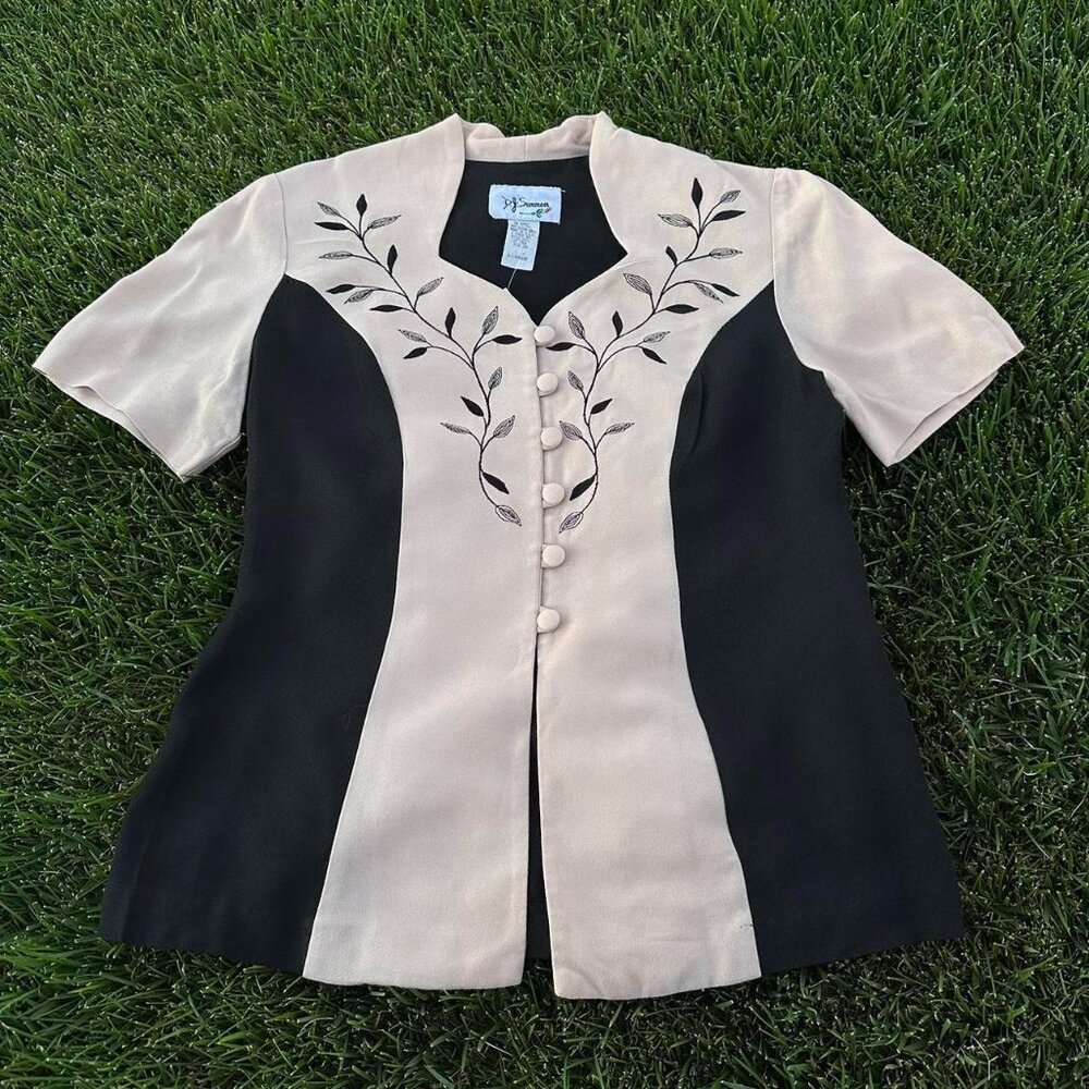 D.J. summers Vintage Black and Beige Leaf Embroidary Blouse.